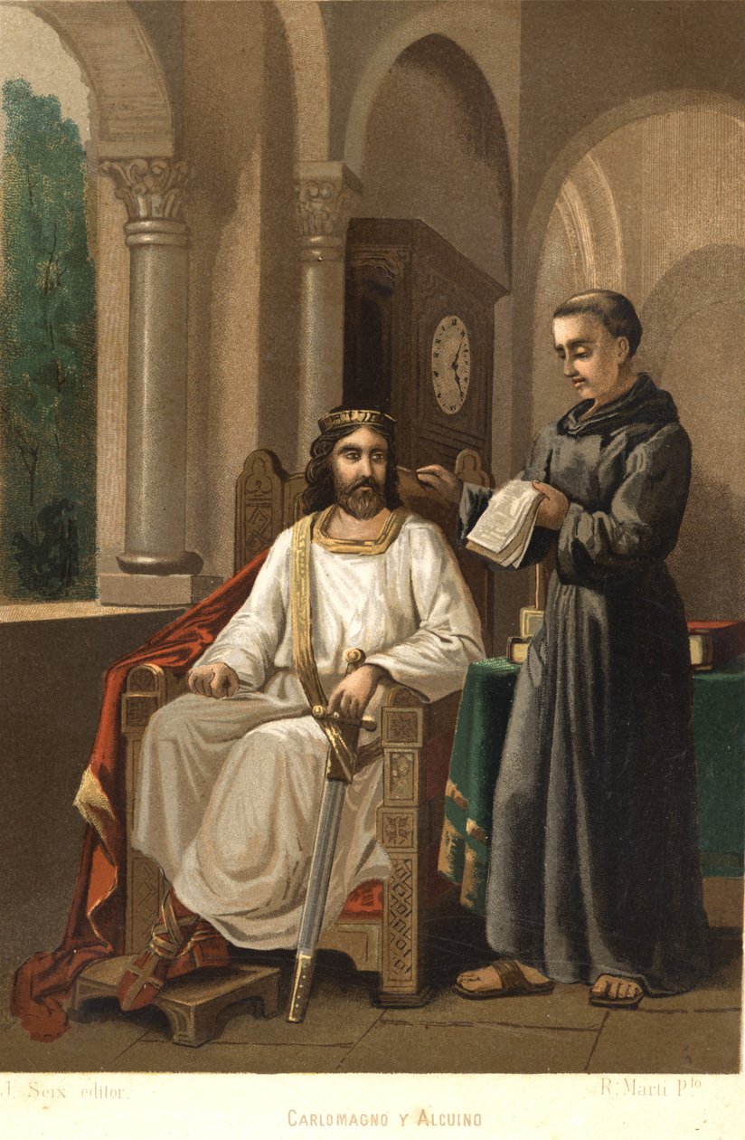 Karl den Store (747-814), konge av frankerne og keiser av vesten, og Alcuin (ca. 781). etter «Science and its Men»» av Louis Figuier. Barcelona 1881 av Unknown artist