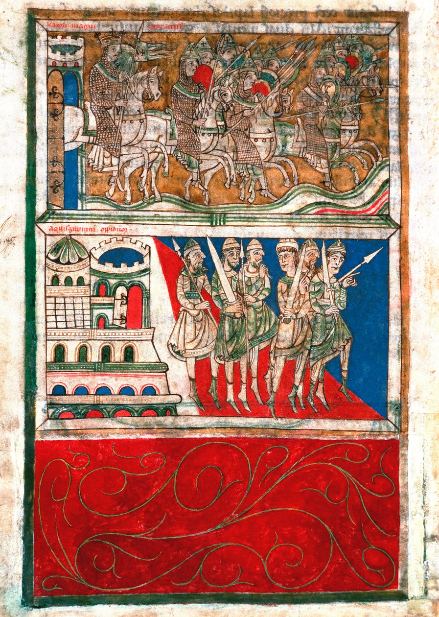 Karl den Store og hans riddere forlater Aachen og drar til Santiago de Compostela Miniature fra “Codex Calixtinus”” (Saint Jakobs bok), rundt 1140. fol. 162 v. Arkivene til katedralen i Santiago de Compostela (Santiago de Compostela), Spania av Unknown artist