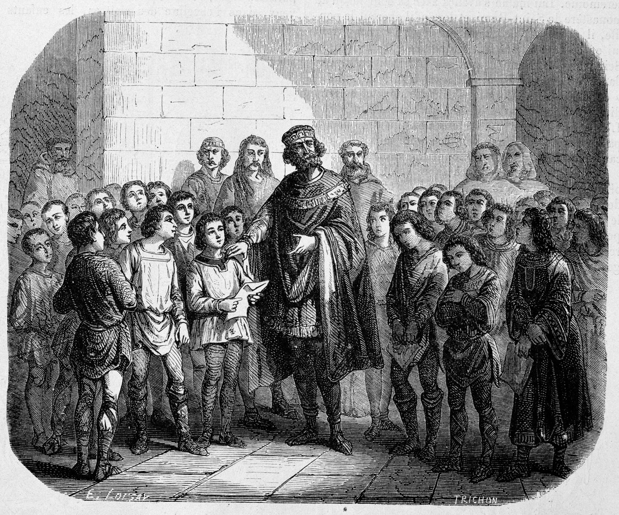 Karl den Store besøker en skole - i "" Historien om paver, konger, dronninger, keisere gjennom århundrene" av Maurice Lachatre av Unknown artist