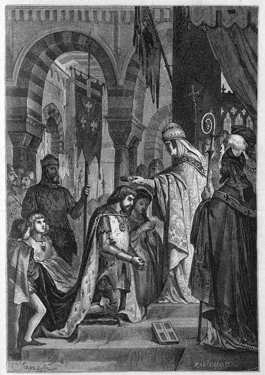 Karl I av Anjou (Karl I av Sicilia) (1226-1285) ble investert i kongeriket Sicilia 28.06.1265 av pave Clemens IV (v. 1195-1268). av Unknown artist