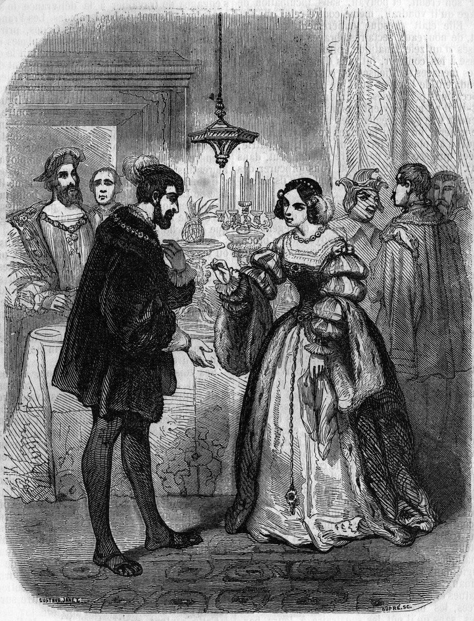 Charles V eller V (1500-1558) med Anne de Pisseleu (1508/1580) hertuginne av Etampes, elskerinne til Francois I med kallenavnet La Belle Feronniere. Gravering fra 1800-tallet. av Unknown artist