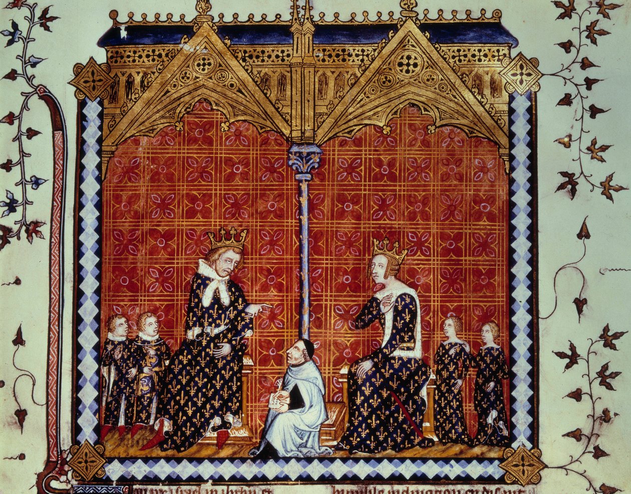 Charles V the Wise og Jeanne de Bourbon, omgitt av barna sine. Miniatyr fra manuskriptet "" Rational des divins offices""" Folio 1, beskrevet av Guillaume Durand og oversatt av Jean Golein av Unknown artist