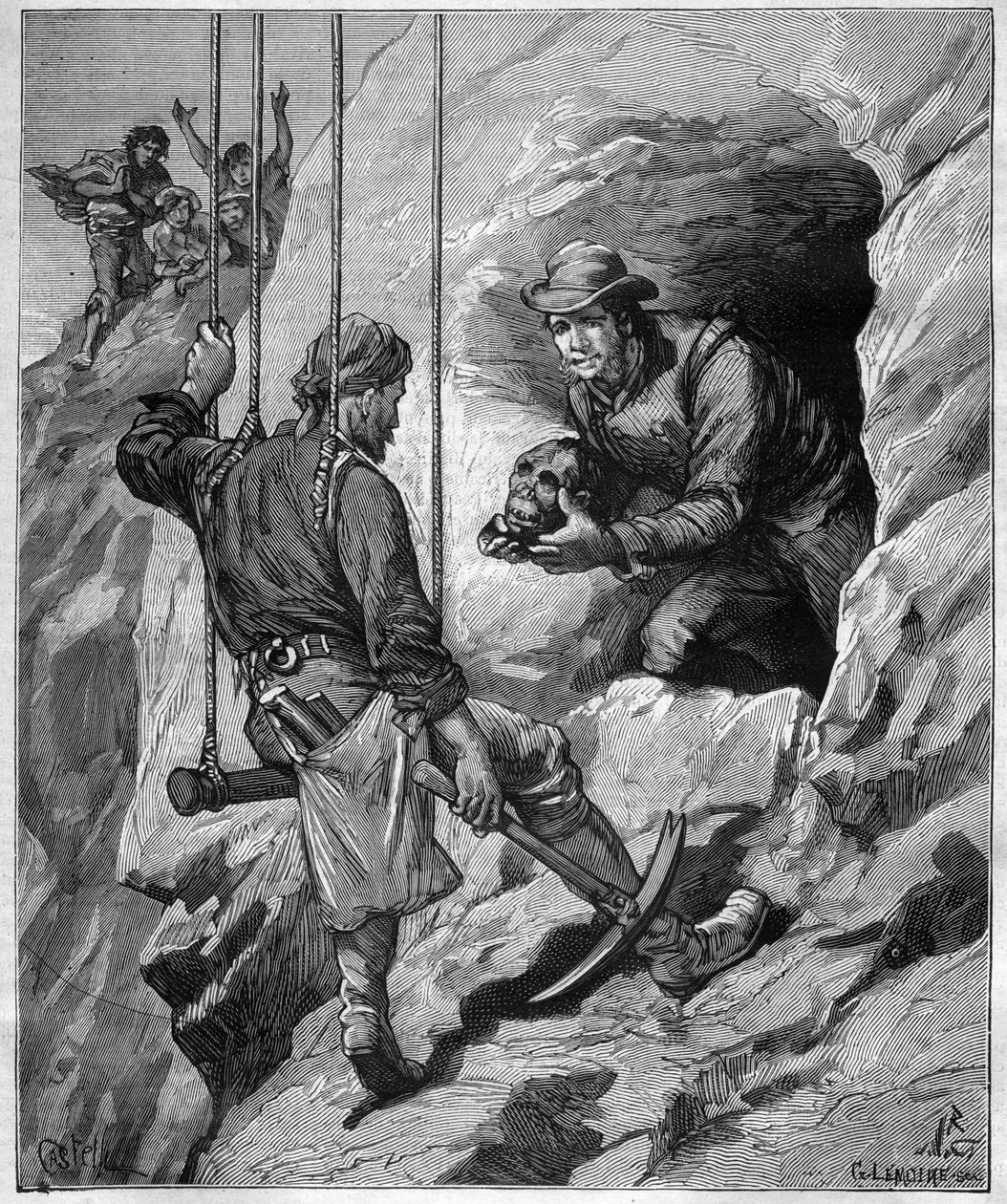 Charles Wiener (1851-1913) fransk oppdagelsesreisende og diplomat som utforsker en gravhule i Peru - gravering i "" journal des voyages""" 1887 av Unknown artist