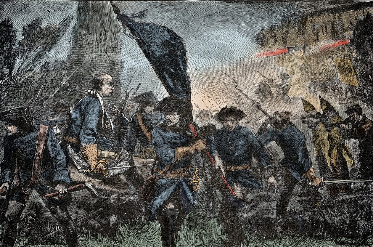 Karl XII av Sverige i kamp - Den store nordkrigen (1700-1721): Kong Charles XII (Carl) av Sverige (1682-1728) i slaget ved Poltava (Pultawa, Ukraina), i 1709 mot våpnene til Peter I av Russland , kalt den store (1672-1725) av Unknown artist