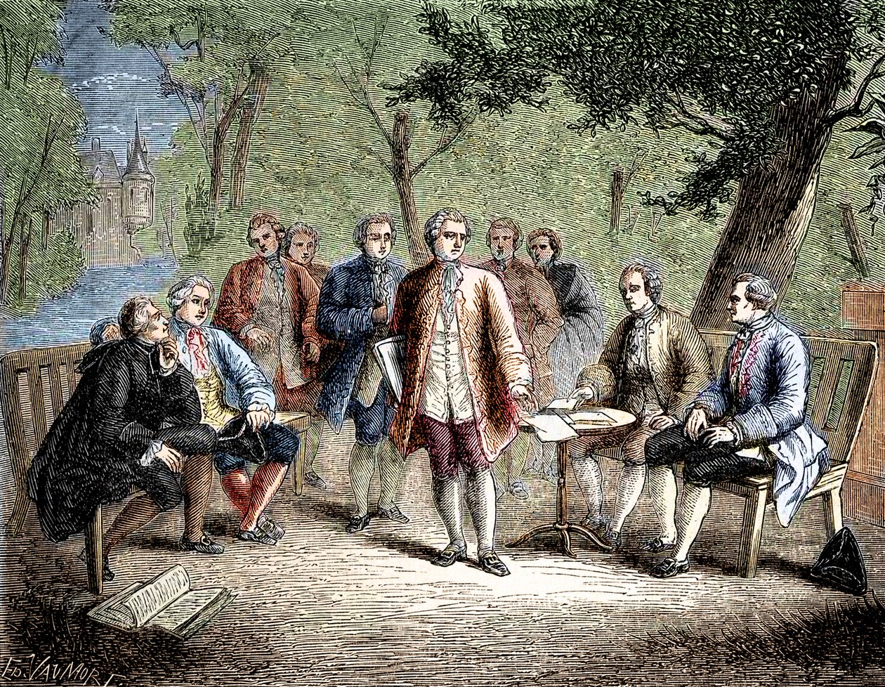 Charles de Secondat Montesquieu with the scientific cenacle at Castle Clairac, France - Le cenacle scientifique du chateau de Clairac: Montesquieu et le baron de Secondat, son, le chevalier de Vivens, Romas et les freres Dutilh - in “Album de la Science; i av Unknown artist