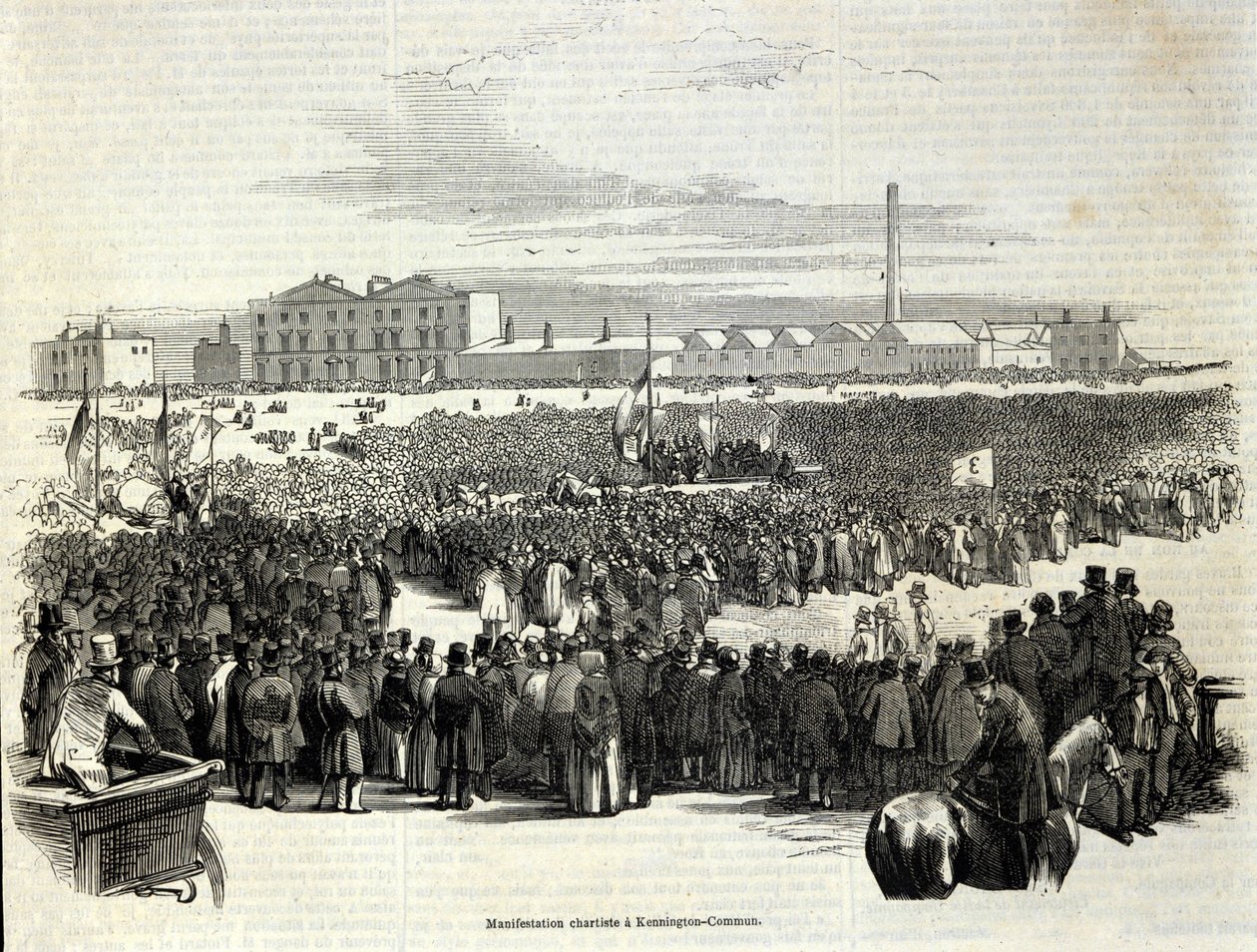 Chartist-demonstrasjon i Kennington Common: det er en arbeiderpolitisk bevegelses forløper for sosialismen, gravering fra 1848 av Unknown artist