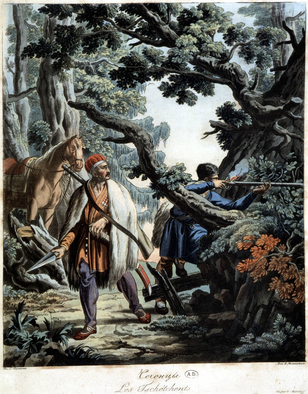 Tsjetsjenere overfalt i en Kaukasus-skog, deb. 1800-tallet av Unknown artist