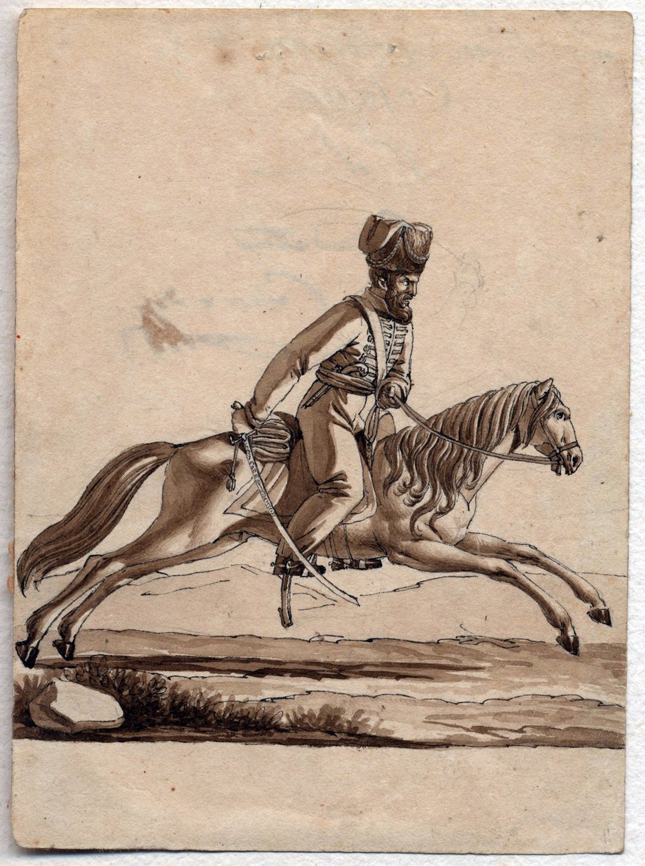 ""Chief (ataman) Cossack"" (Ataman of Cossacks) Anonym tegning 1818 Dim 11,4x8,2 cm Privat samling av Unknown artist