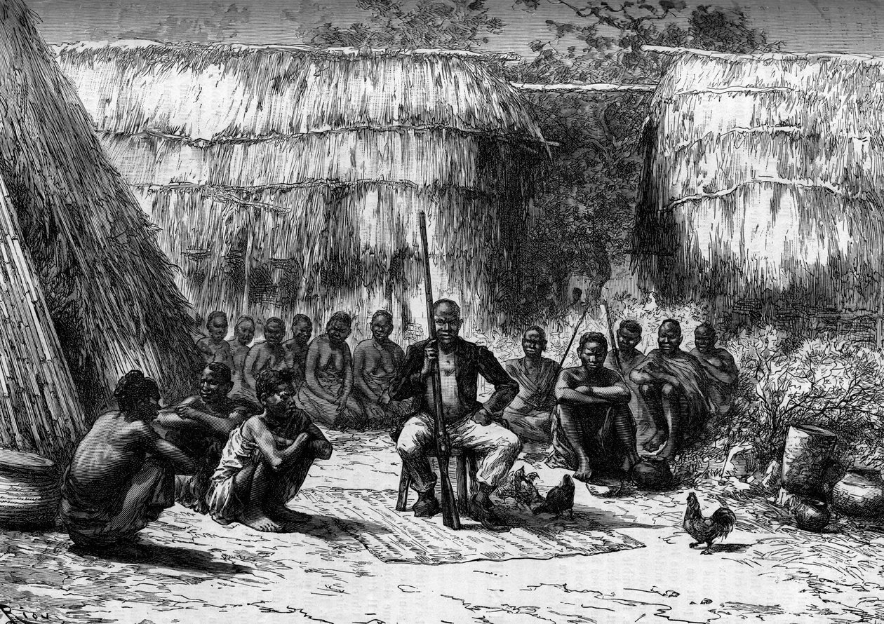 Chef makoloko surrounds his court in Africa. Engraving in “The Journal of Youth”” av Unknown artist
