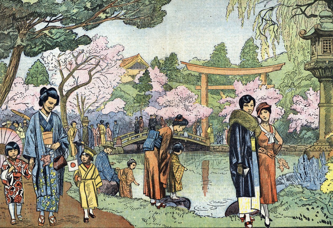 Kirsebærblomster om våren, Japan (Japanske kirsebærblomster i Japan om våren, april 1933) Illustrasjon fra «Le pelerin» 1933 Privat samling av Unknown Artist