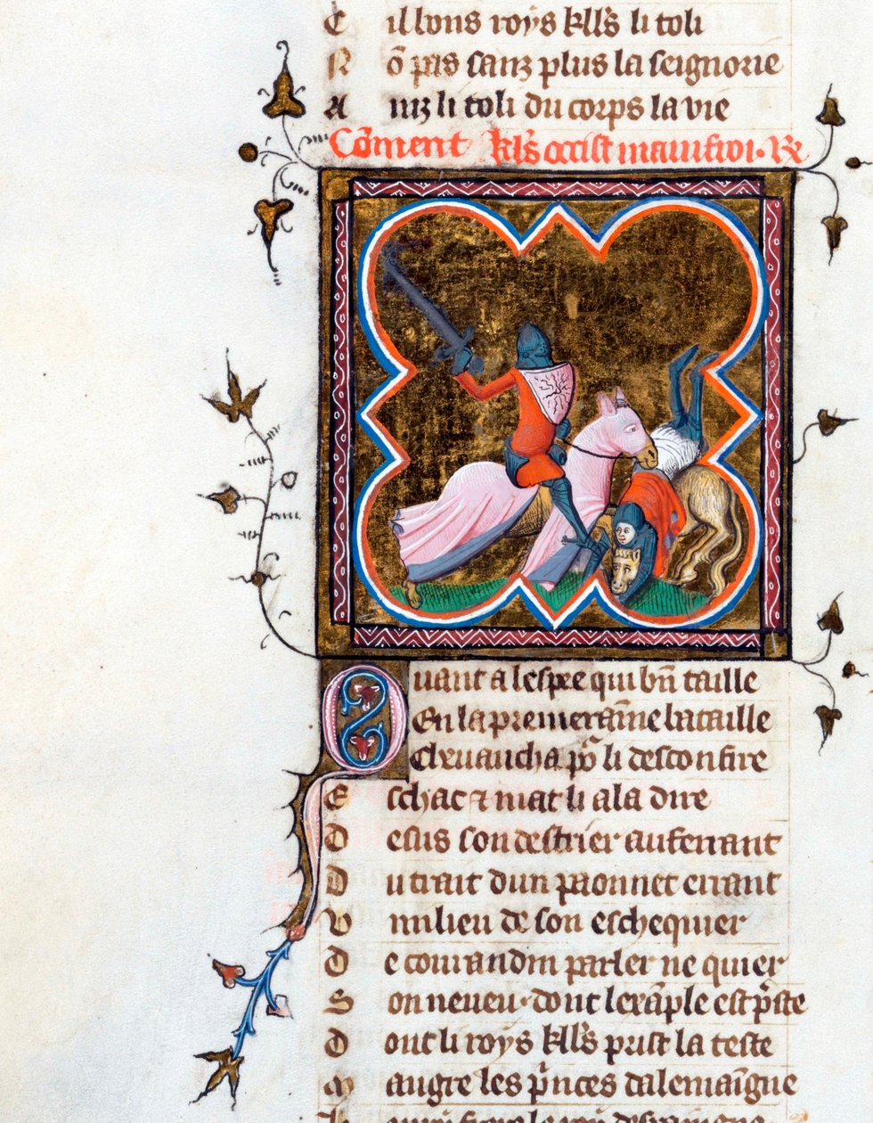 ""ridder i rustning"" Opplyst side fra manuskriptet ""Le Roman de la Rose"" av Guillaume de Lorris (ca. 1200-1238) og Jean de Meun (Meung) (1240-1305) ca. 1353 Sveits Bibliotheque de Geneve av Unknown artist
