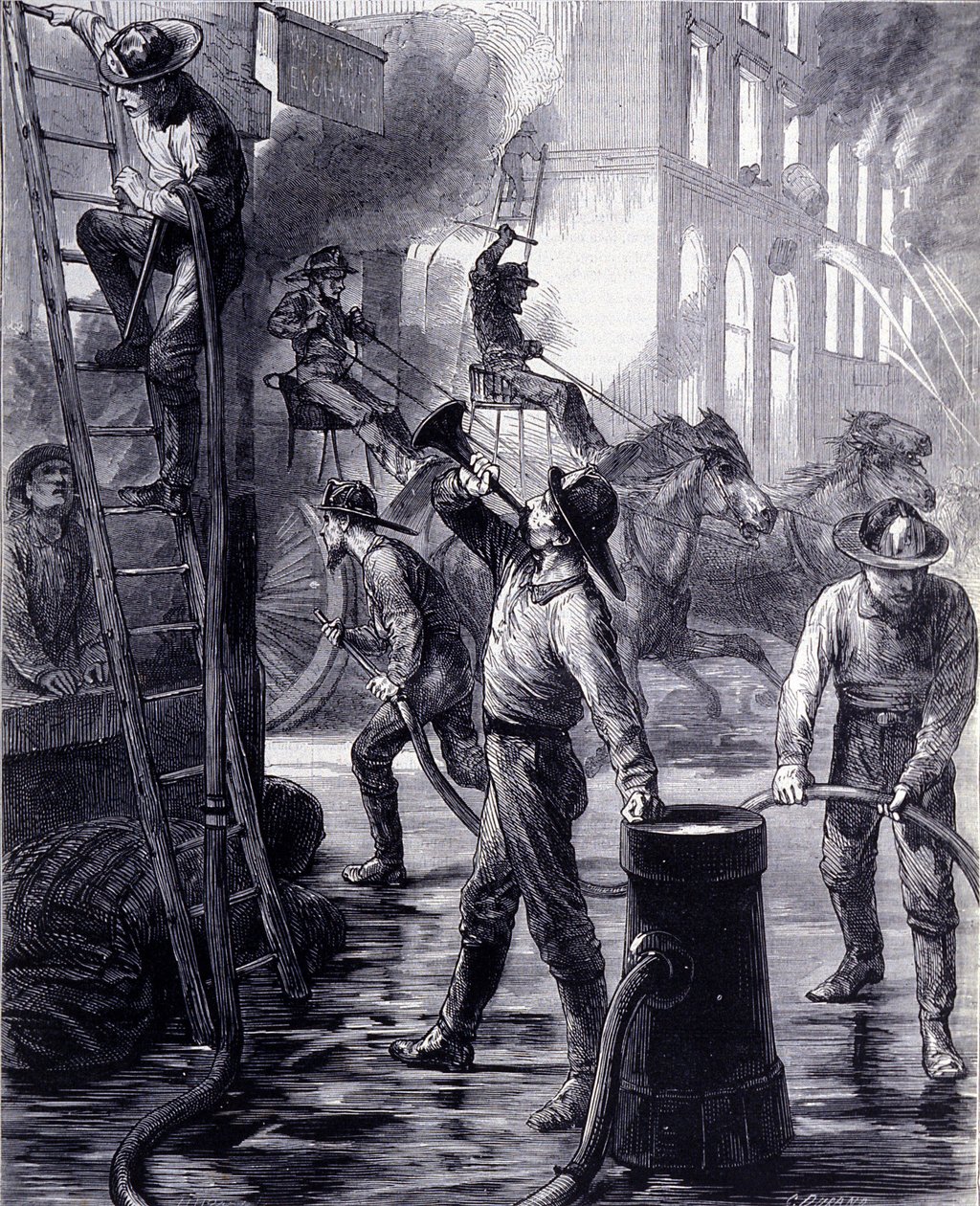 Chicago Fire Brigade Breaking a Fire, USA. 1800-tallet av Unknown artist