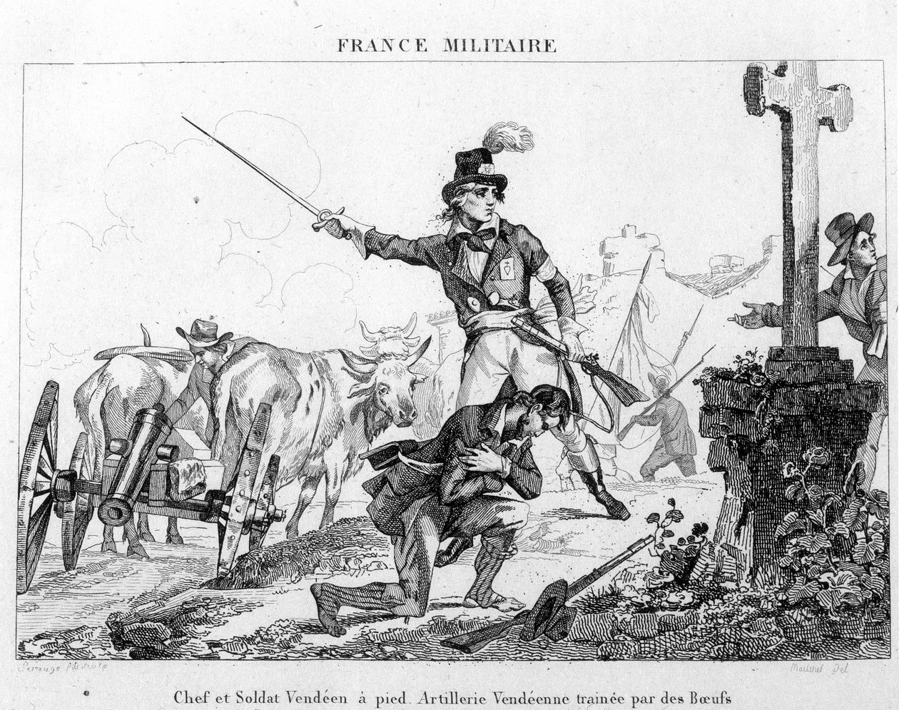 Høvding og soldat til fots. Vendesartilleri dratt av okser. Gravering fra 1800-tallet. av Unknown artist