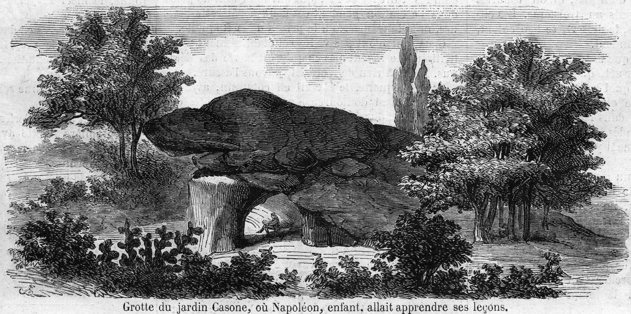 Barndommen til Napoleon 1.: utsikt over hulen i hagen Casone på Korsika eller Napoleon (1769-1821) skulle lære leksjonene sine. Gravering fra 1800-tallet. av Unknown artist