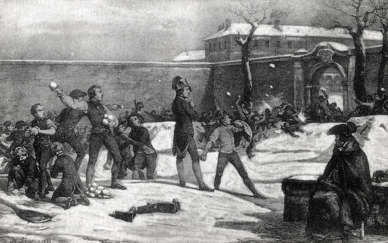 Childhood of Napoleon I Bonaparte (1769 - 1821) at the military school of Brienne le Chateau (Dawn) in 1782: Napoleon in the midst of a snowball battle between children. av Unknown artist