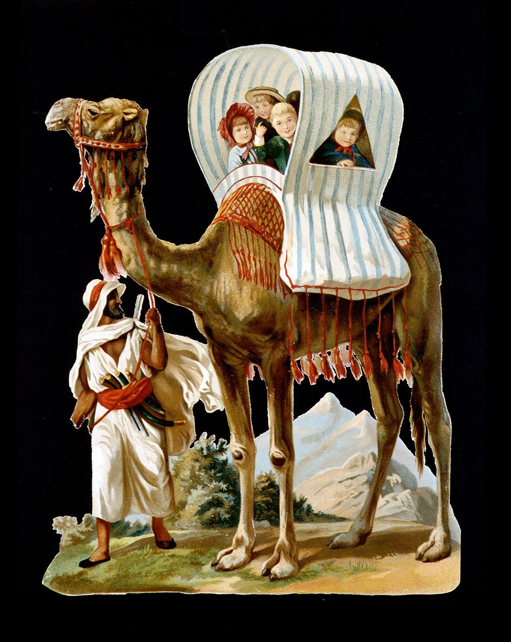 Barn går i en kurv med kamelrygg, Algerie - chromo., sent på 1800-tallet av Unknown artist