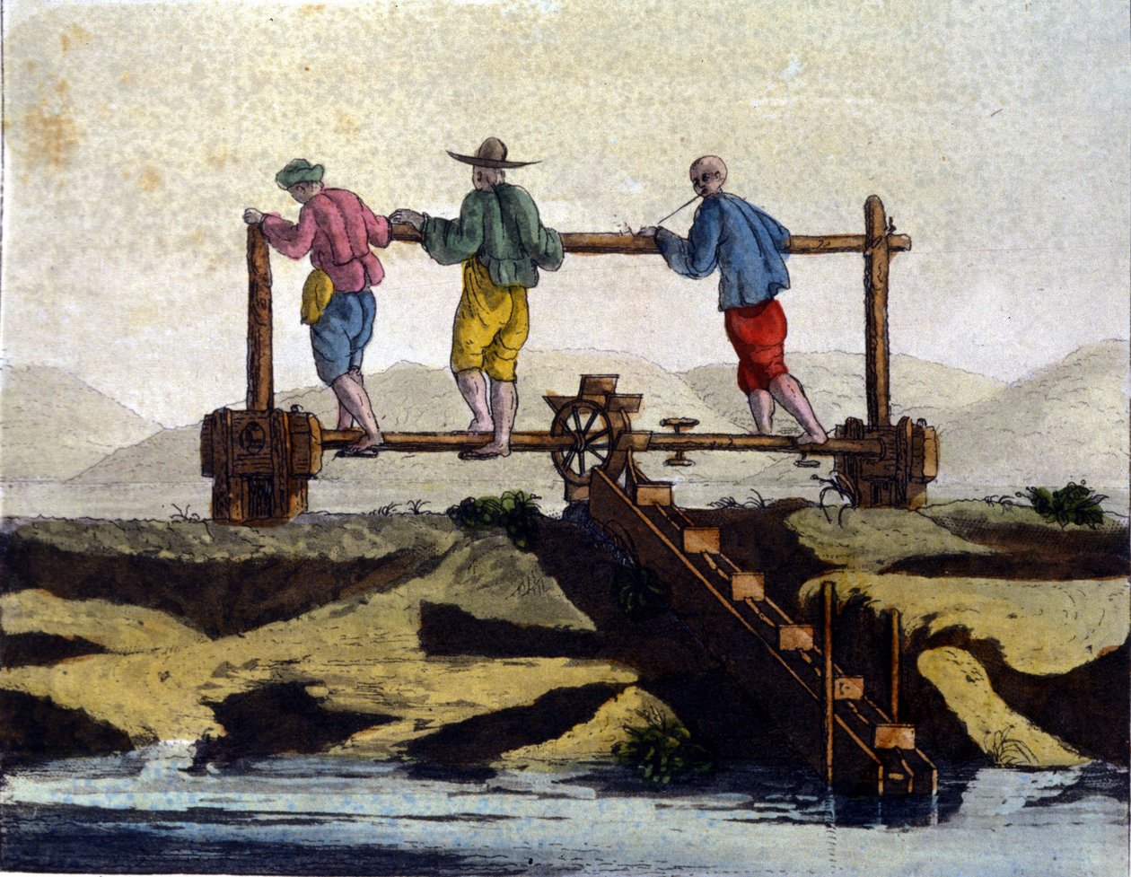 Kina. Vanningssystem for risdyrking. 1800-tallstrykk. av Unknown artist