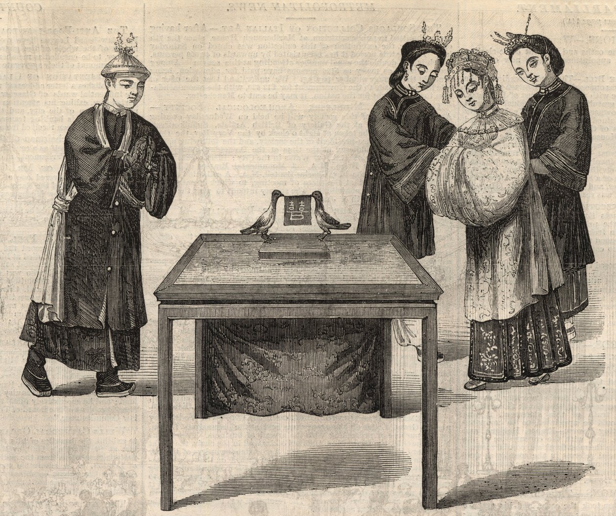 Kinesisk skikk: signering av en ekteskapskontrakt. Et nettbrett med navnene til de to ektefellene legges på et bord med to duer. Gravering i ""The Illustrated London News"" av 14. februar 1857. av Unknown artist