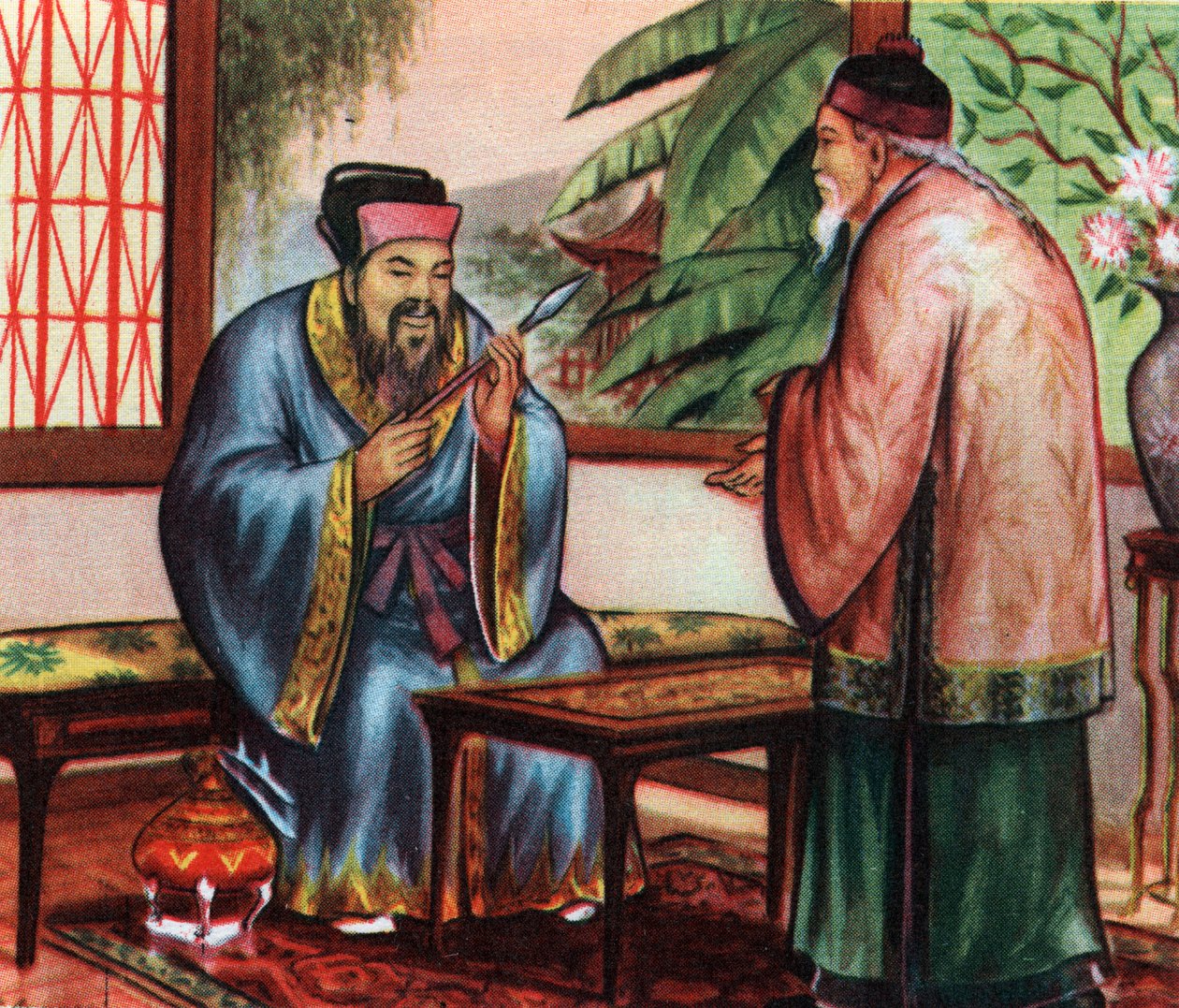 Den kinesiske filosofen Konfucius (eller Kong Fu Zi eller KongZi) (551-479 f.Kr.), konsulterer for sin kunnskap om gamle sivilisasjoner - Konfucius (551-479 f.Kr.), kinesisk filosof, konsultert for sin kunnskap om gamle sivilisasjoner - Privat samling av Unknown Artist