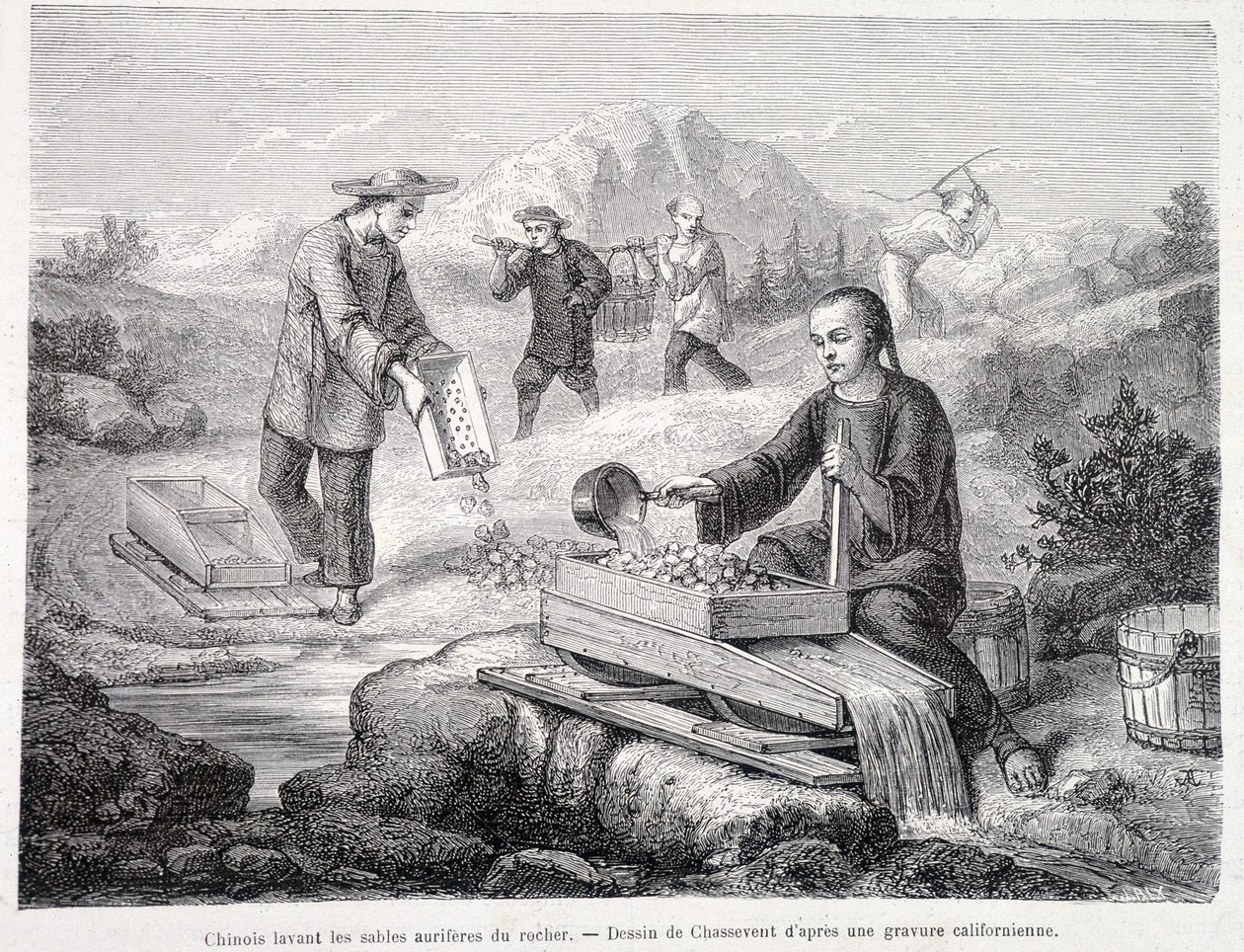 Kinesere vasker gullsand i California av Unknown artist
