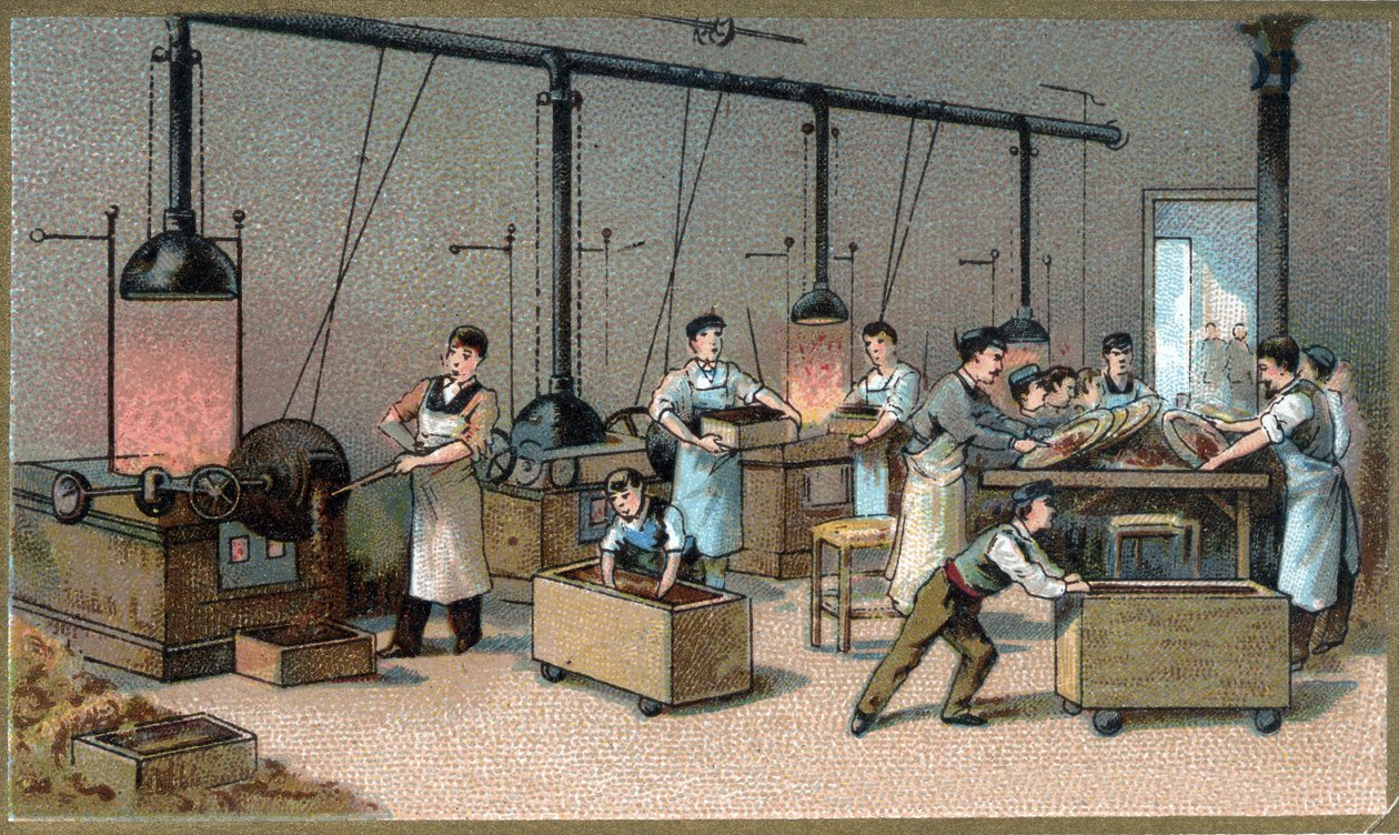 Chocolate making. Cocoa Torrefaction Room. Chromolithography of the late 19th century av Unknown artist