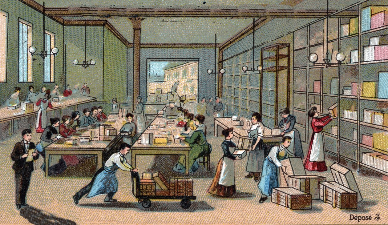 Chocolate manufacture: packaging, shipping. Chromolithography of the end of the 19th century av Unknown artist
