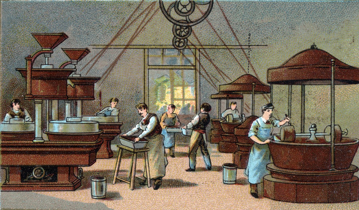 Sjokoladeproduksjon, blanderom. Kromolitografi fra slutten av 1800-tallet av Unknown artist