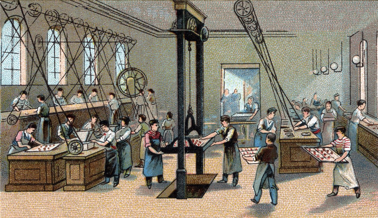 Chocolate manufacturing: molding. Chromolithography of the end of the 19th century av Unknown artist