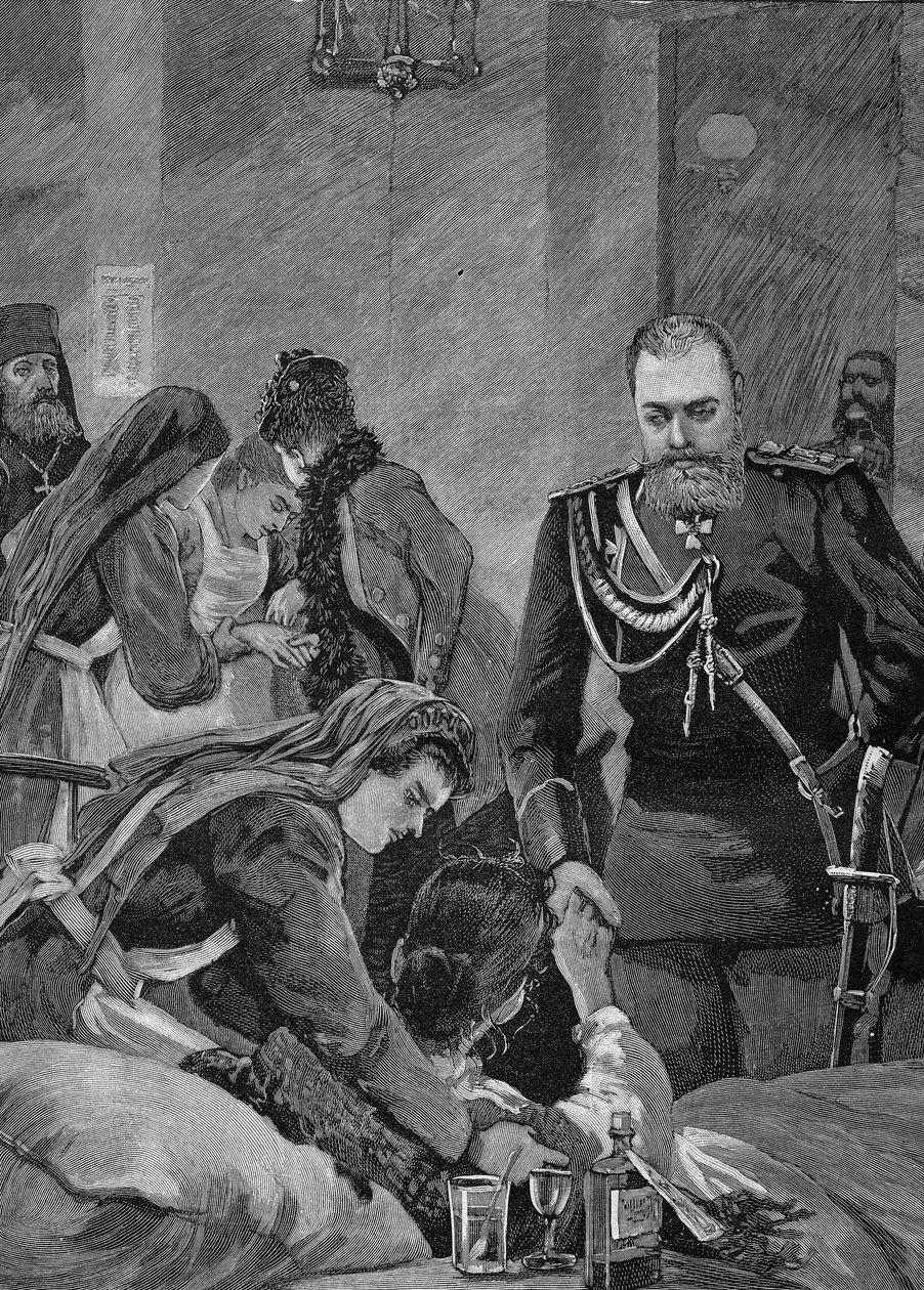 Kolera i Russland i 1892: Alexander III, keiser av Russland og hans kone Maria Feodorovna, keiser av Russland besøker et sykehus. Gravering fra 1892. av Unknown artist