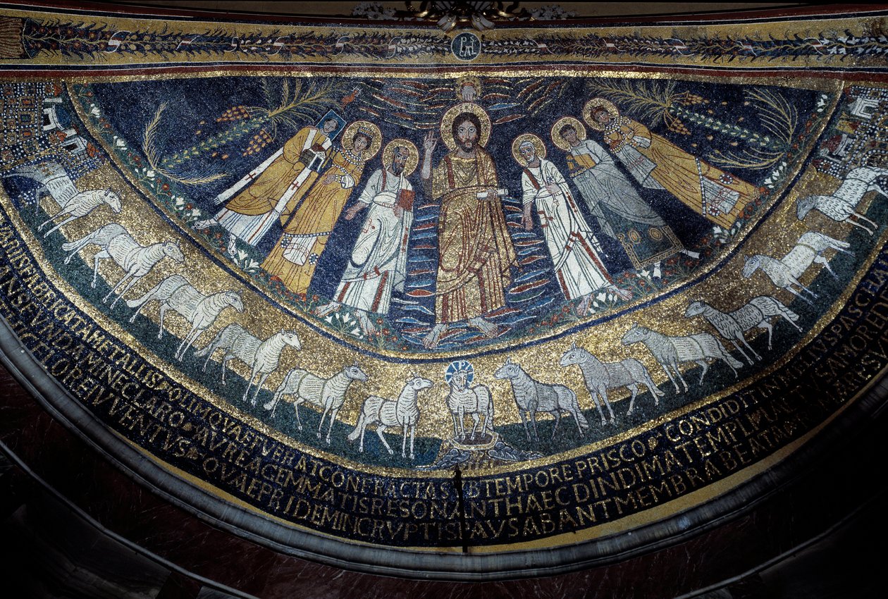Kristus blant St Paul, St Cecilia, St Pascal, St Peter, St Valeriano og St Agata (mosaikk, 821) av Unknown artist