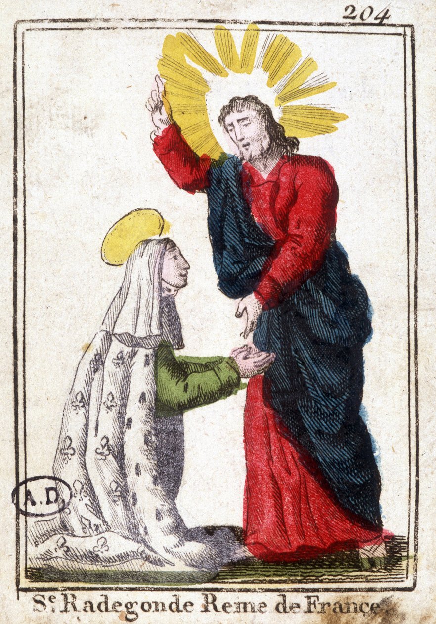 Kristus og den hellige Radegonde (ca. 520 - 587), dronning av Frankrike, hustru til Clotaire (Clothaire) I. fromt bilde. Gravering fra begynnelsen av 1800-tallet. Bibliotheque des Arts décoratifs de Paris. av Unknown artist