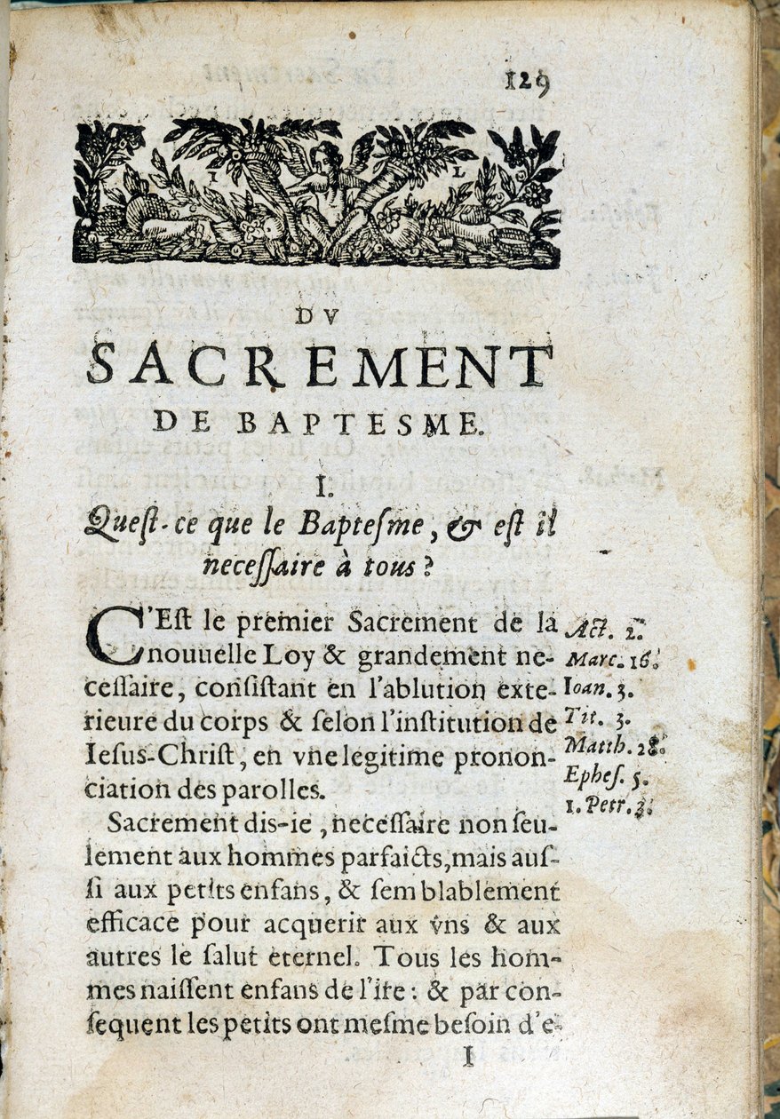 Kristen religion: indre side av boken "Den store katekismus"". Verk av Pierre Canisius (1600-tallet) av Unknown artist