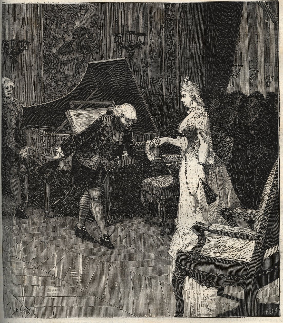 Christoph Willibald Gluck foran dronningen Marie-Antoinette ved Trianon - Christoph Willibald Gluck (1714-1787), tysk komponist som spiller foran dronning Marie Antoinette en Trianon - gravering i "" Popular Music""" illustrert ukeavis - 1882 av Unknown artist