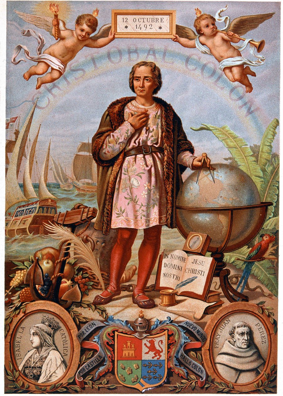 Christopher Columbus. Til venstre, portrett av Isabella den katolske, dronning av Castilla (1451-1504). Spansk kromolitografi fra 1800-tallet av Unknown artist