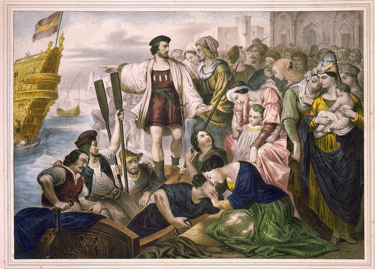 Christopher Columbus and the Pinzon brothers leaving the port of Palos in Spain on 03/08/1492 for the New World. Engraving sd. 2nd half of the 19th century. av Unknown artist