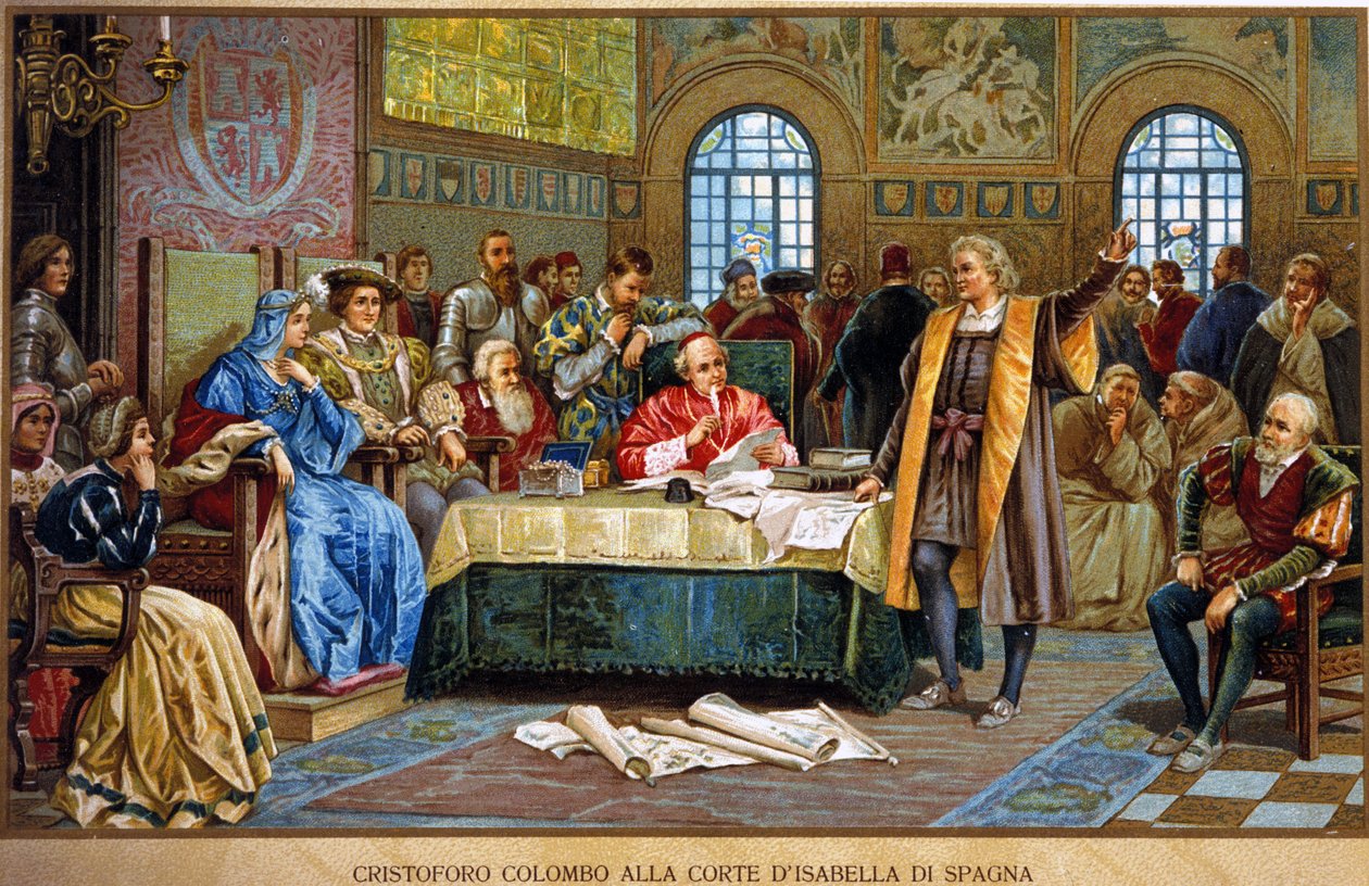 Christopher Columbus ved hoffet til Isabella 1. av Spania, kalt katolikken eller Castilla. kromolitografi fra 1800-tallet. av Unknown artist