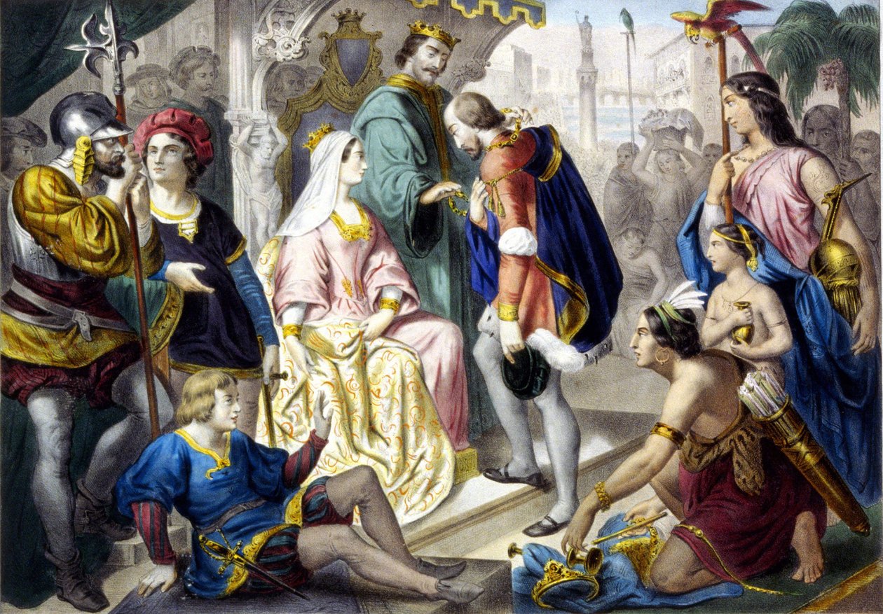 Christopher Columbus før den katolske kong Ferdinand II av Aragon og dronning Isabella 1. av Castilla, da han kom tilbake fra Amerika av Unknown artist