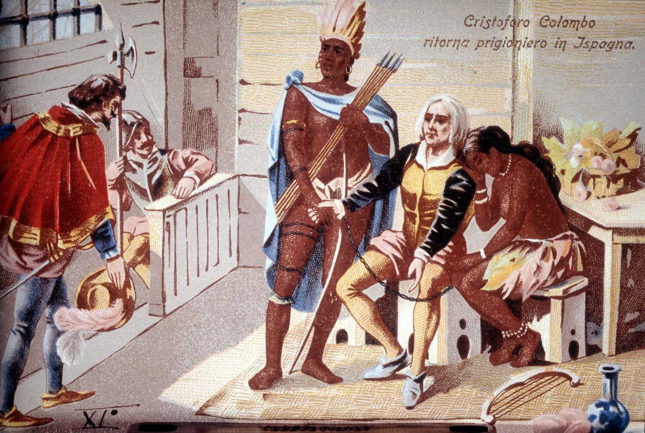 Christopher Columbus returnerer fangen til Spania. 1800-talls kromolitografi. av Unknown artist