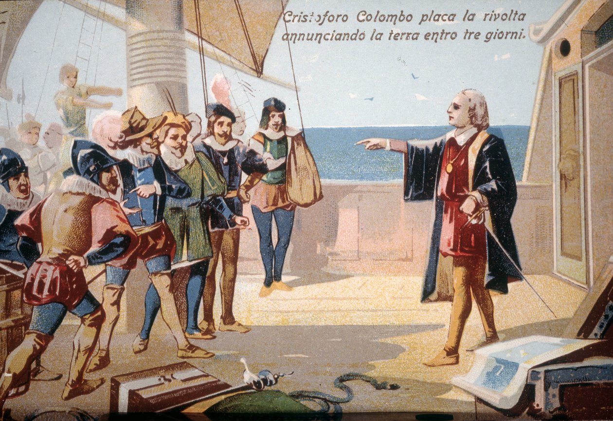 Christopher Columbus stoppet mannskapets opprør ved å kunngjøre landet om tre dager. kromolitografi fra 1800-tallet. av Unknown artist
