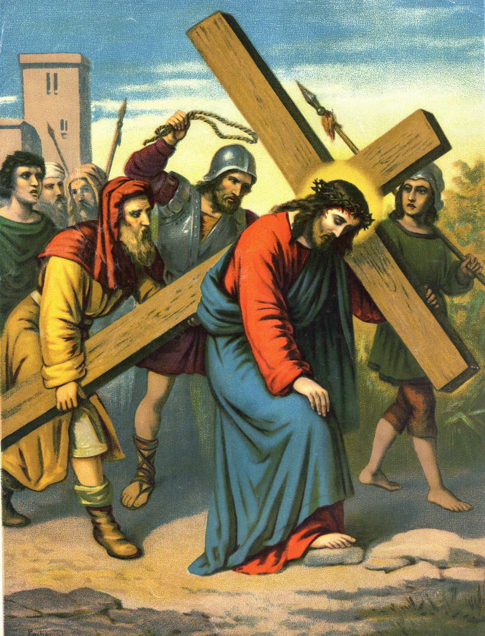 Kromolitografi fra slutten av 1800-tallet som skildrer Kristi liv: Jesus bærer sitt kors. av Unknown artist