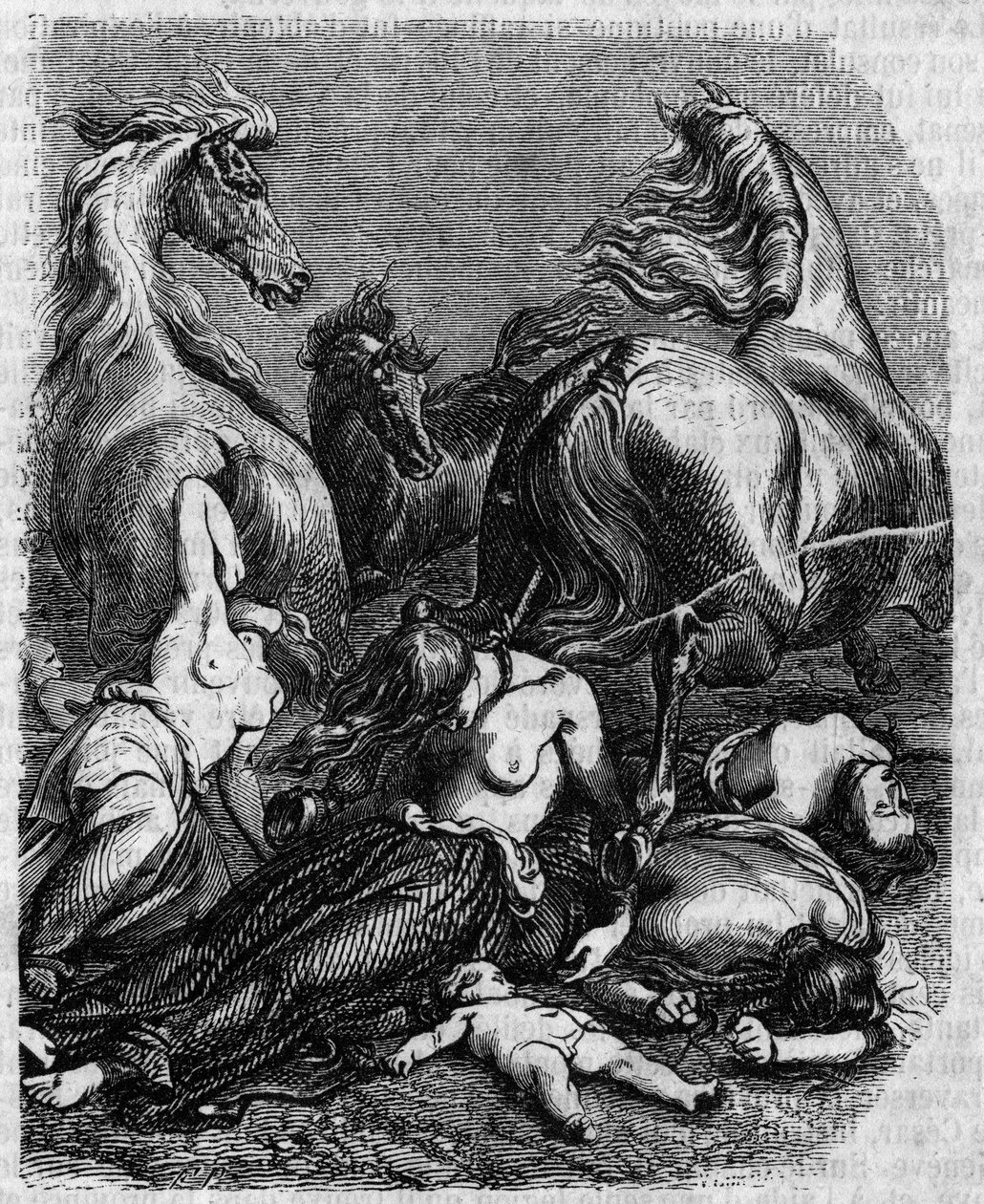 Cimbres-krigen rundt 120 f.Kr.: kvinner, eldste og barn av Ambrons-stammen (Ambrones) kaster seg under fiendens hester eller dør for å unngå slaveri av romerne. av Unknown artist