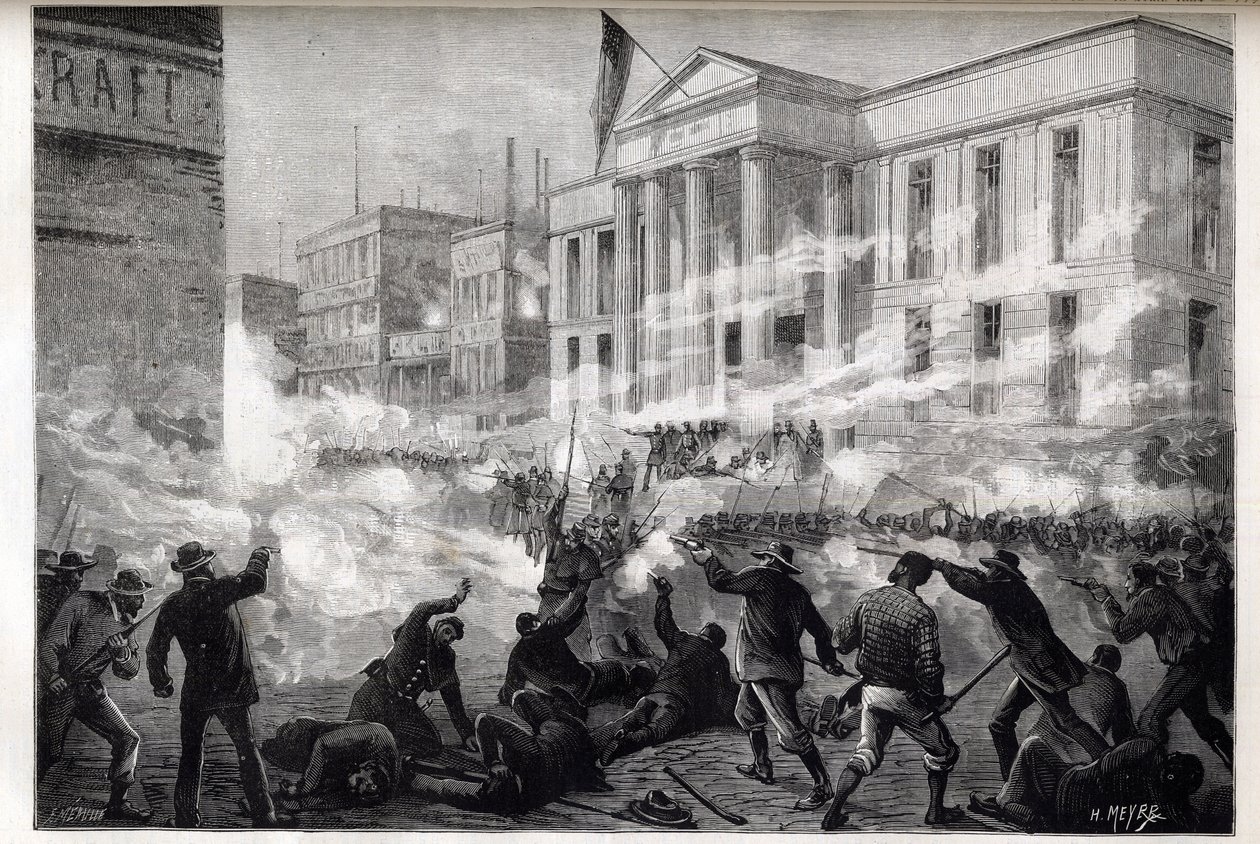 Cincinnati Courthouse-opptøyer i 1884 - et opprør startet etter en jurydom om drap etter en beryktet drapsrettssak, 28. mars 1884 - av Unknown artist