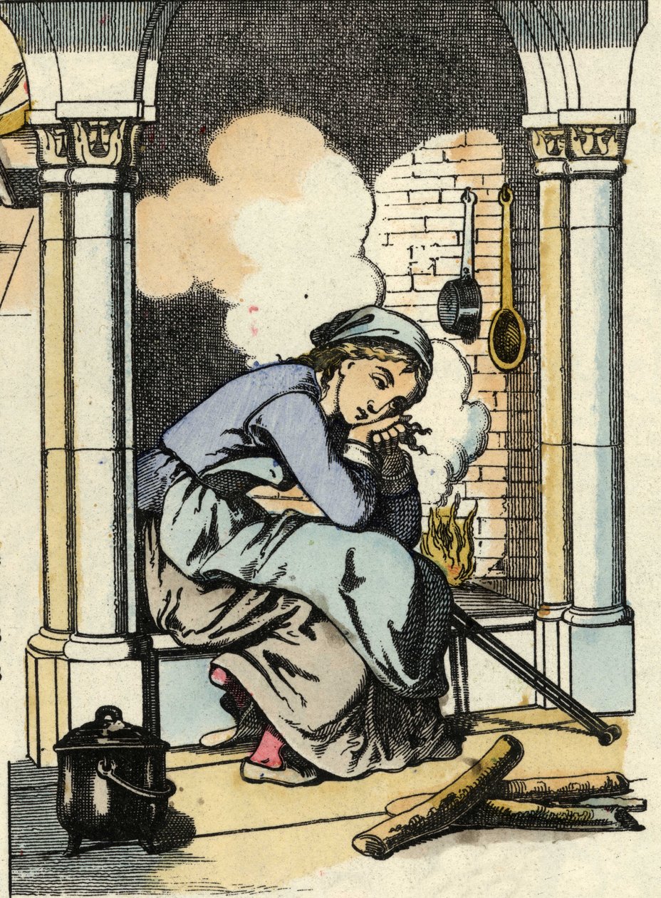 Cinderella dreams of a better life near the kitchen fireplace. Illustration of Charles Perrault