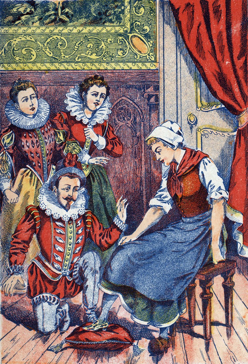 Askepott prøver tøffelen. Anonym illustrasjon for "" Askepott", fortelling av Charles Perrault (1628-1703), fransk forfatter. Bilder Marcel Vagne, Jarville Nancy, udatert (slutten av 1800-tallet). av Unknown artist