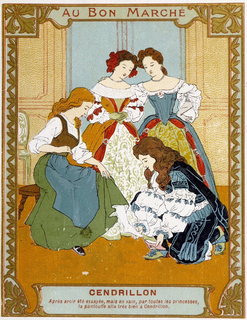 Askepott prøver tøffelen til vair - reklamemerket Bon Marché av Unknown artist