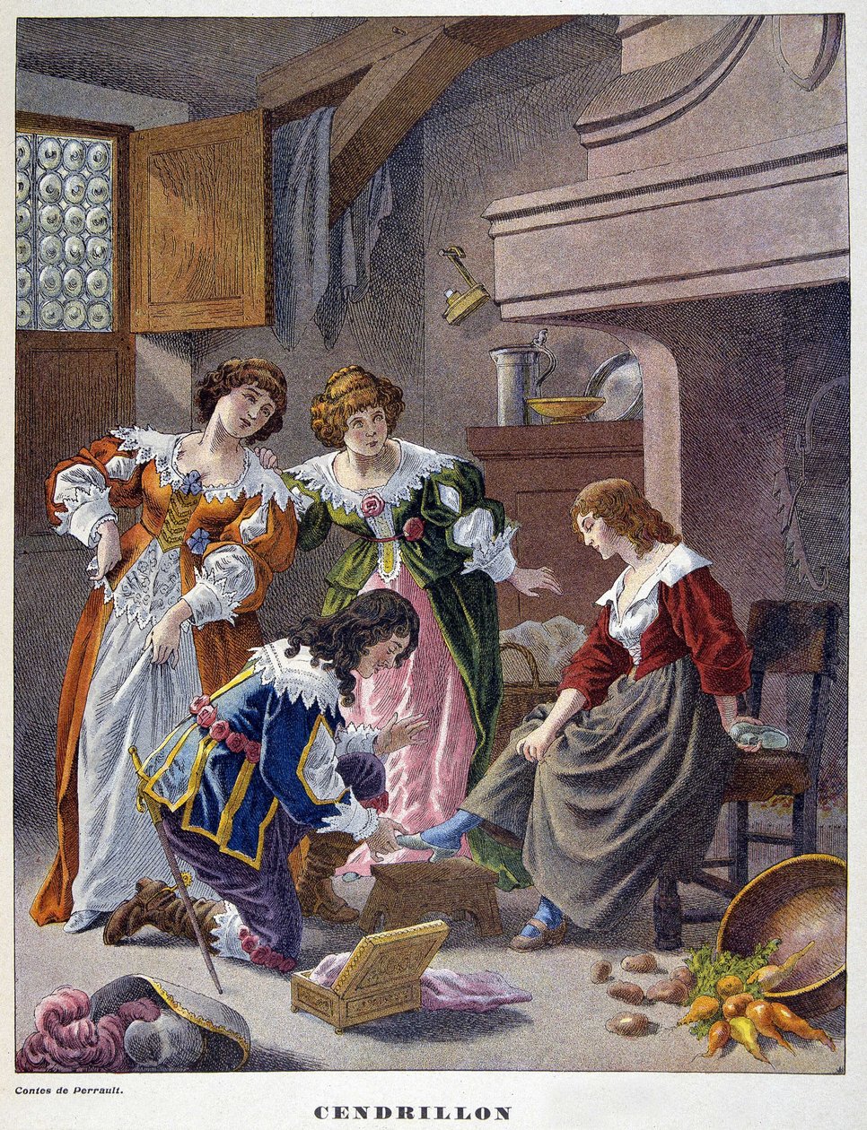 Askepott prøver tøffelen til vair - i "" Les Tales de Perrault"" av Unknown artist