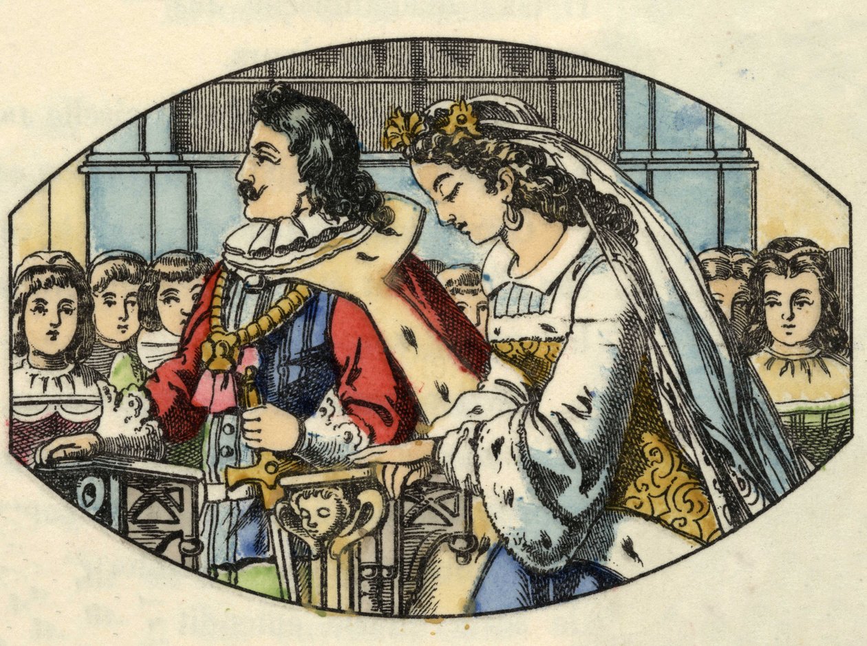 Askepotts bryllup med prinsen. Illustrasjon av Charles Perraults fortelling "Askepott eller La petite slipper de verre" av Unknown artist