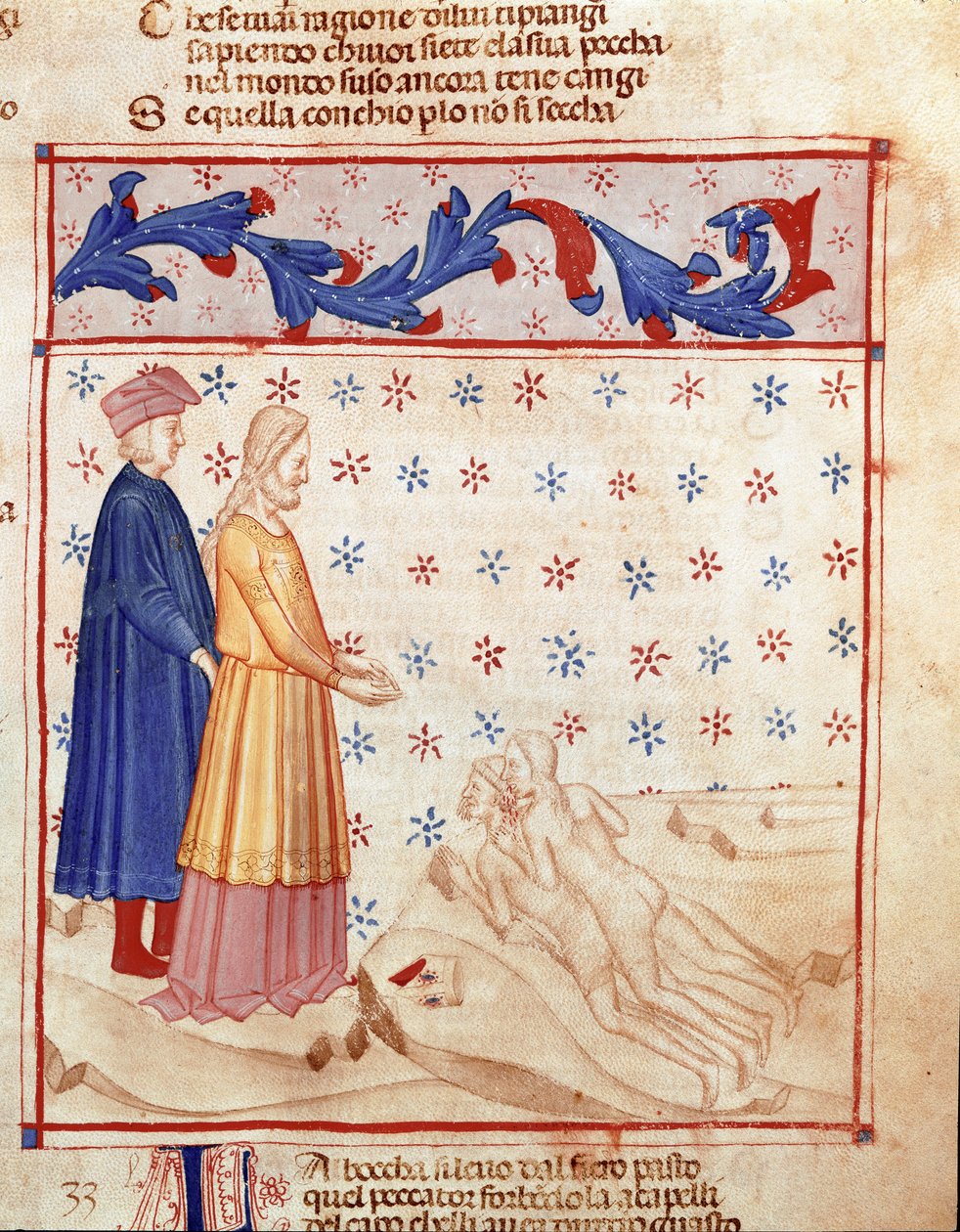Circle of Traitors: Dante og Virgil møter Ugolino della gherardesca, tyrann i Pisa og fordømmer for forræderi mot hjemlandet, han slår lederen av Archeveque Ruggeri. Opplyst side som illustrerer den 33. helvetesangen henter fra "Divina Commedia" av Unknown artist