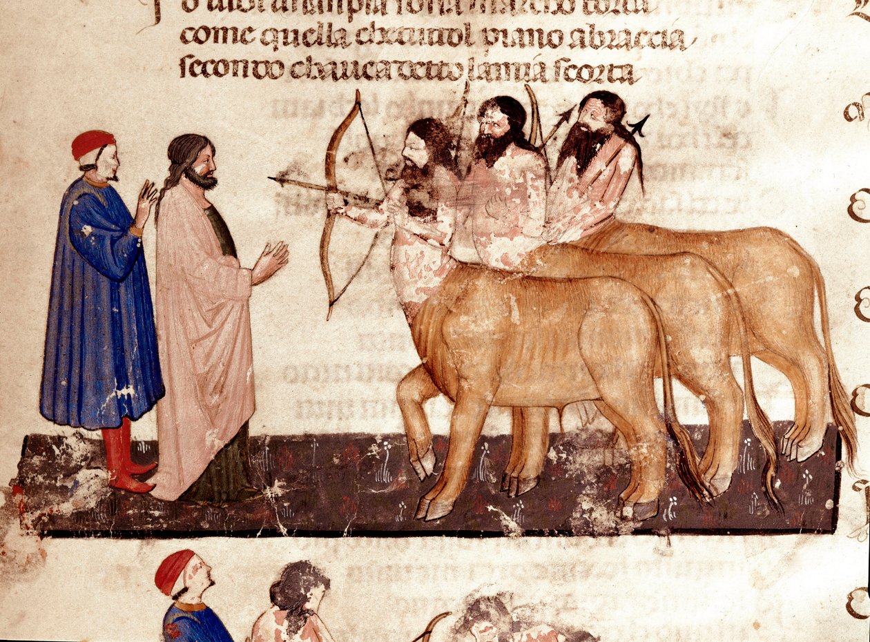 Circle of Violents: Dante og Virgil møter Kentaurens våpen med pil og bue. Opplyst side som illustrerer den syvende helvetesangen fra "Divina Commedia" av Dante Alighieri (1265-1321). 1300-tallet, Venezia, Biblioteca Marciana av Unknown artist