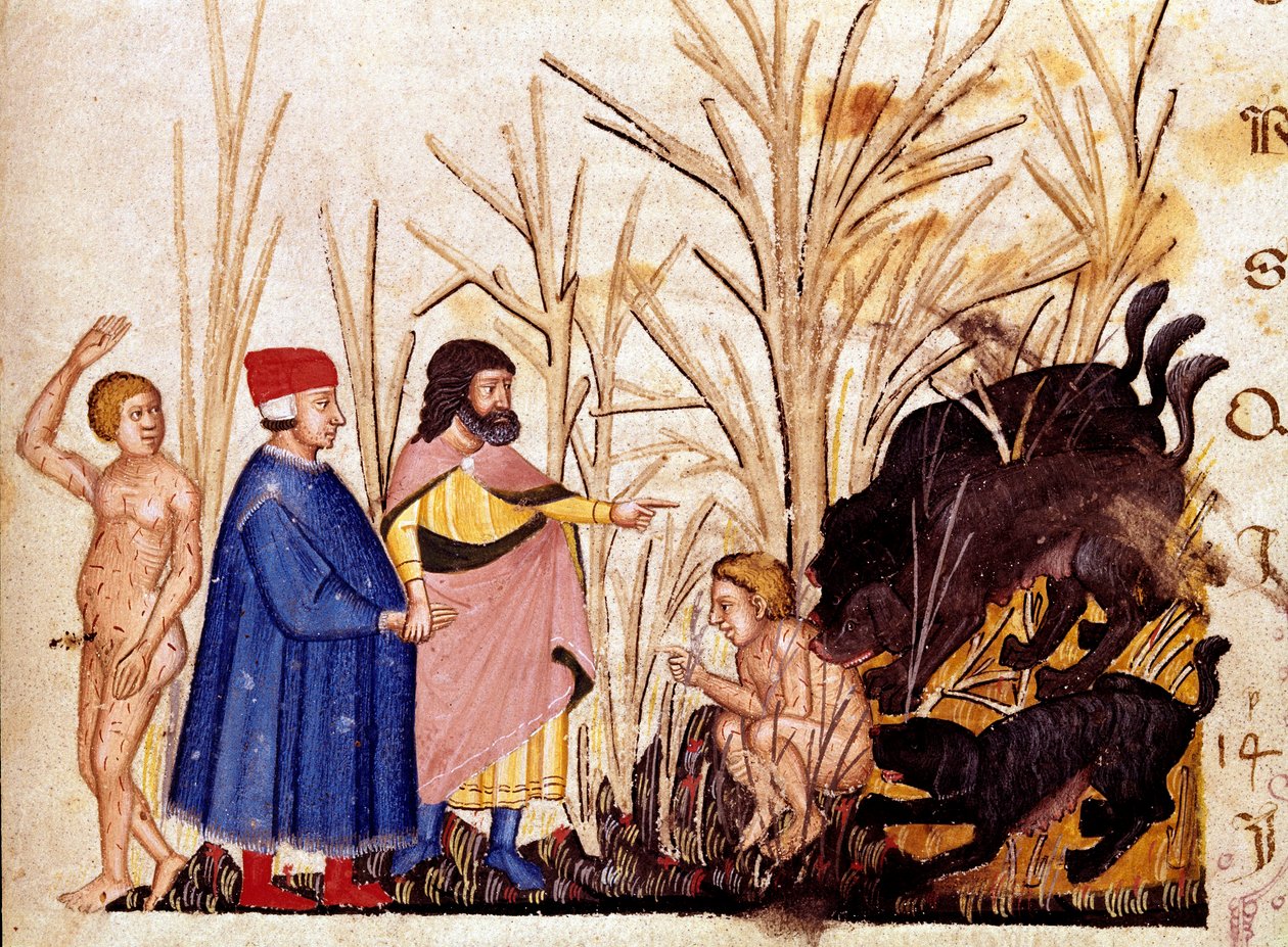 Circle of Violents: Dante og Virgil møter de voldelige mot andre. Opplyst side som illustrerer en helvetesang er hentet fra "Divina Commedia" av Dante Alighieri (1265-1321). 1300-tallet, Venezia, Biblioteca Marciana av Unknown artist